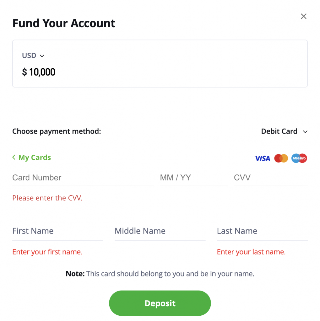 Deposit funds page at eToro