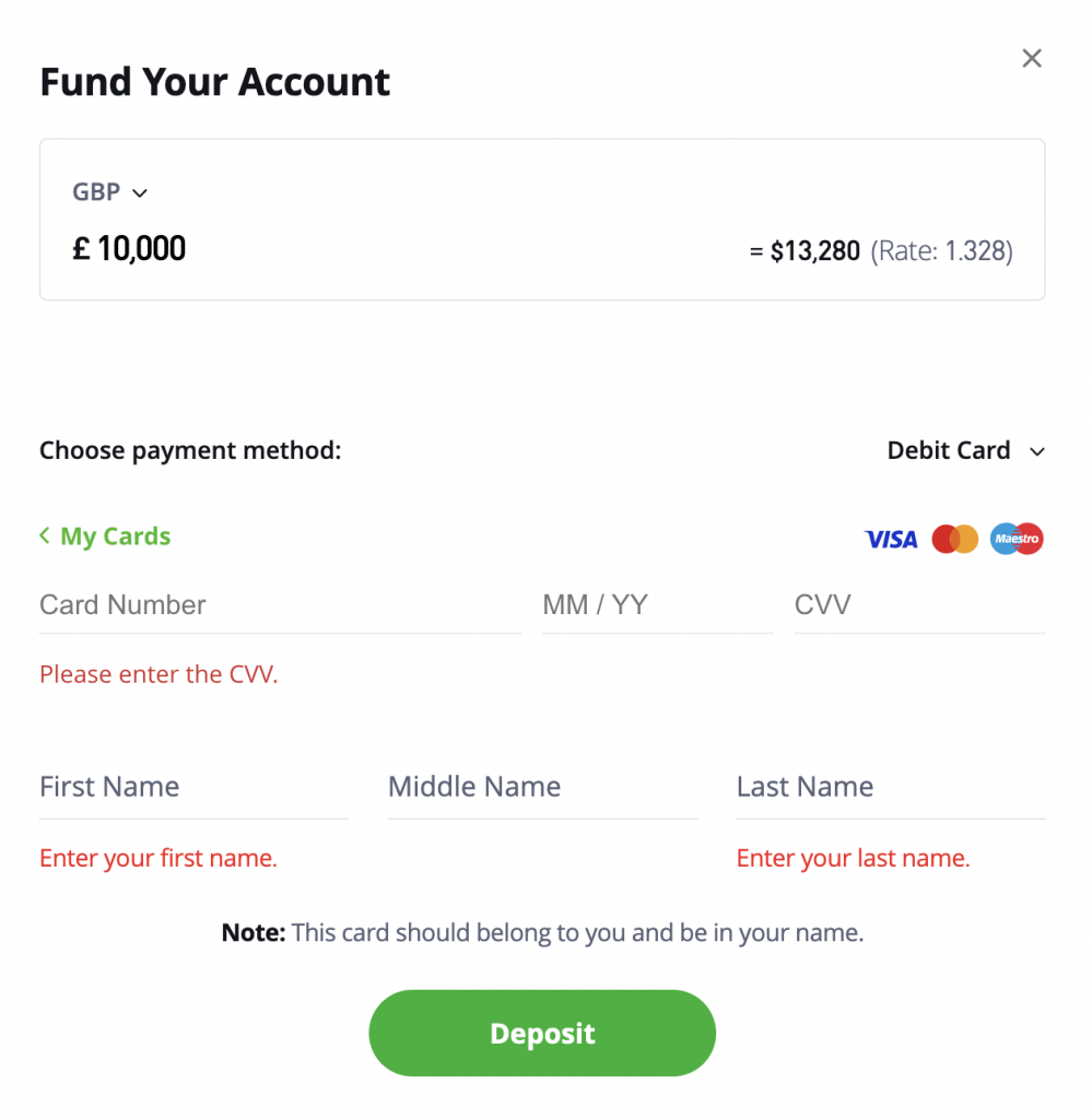 Making a debit card deposit with eToro