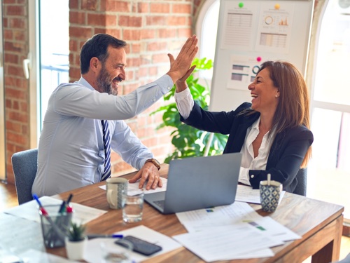 A Pair of happy people high fiving in a meeting room