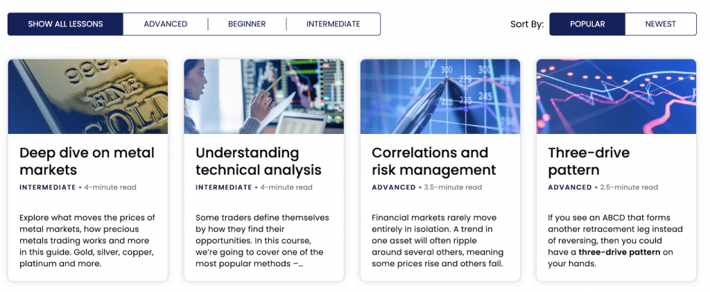 Screenshot showing Forex.com's educational lessons
