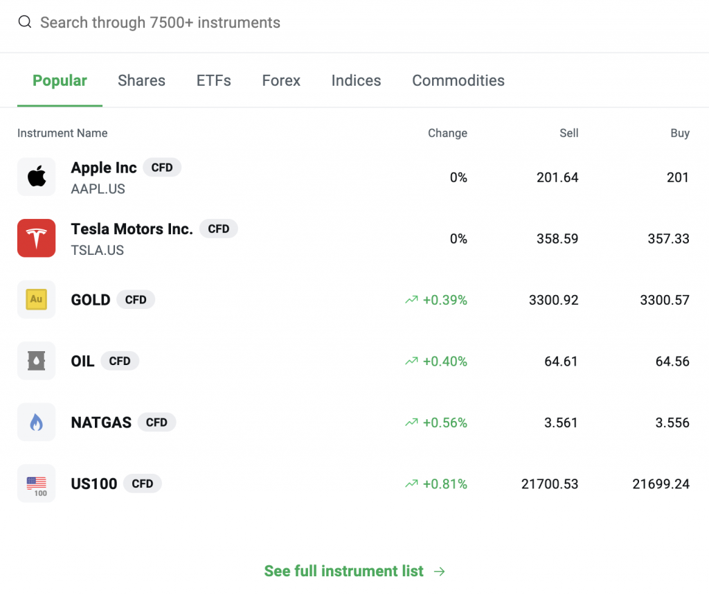 Screenshot showing XTB assets
