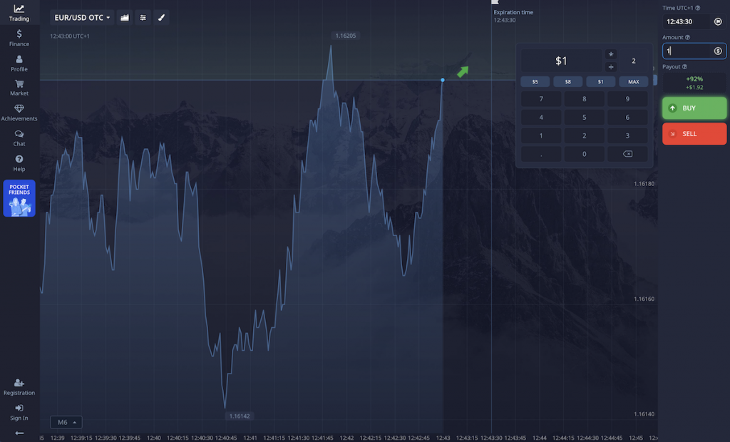 A EUR/USD binary trade on PocketOption