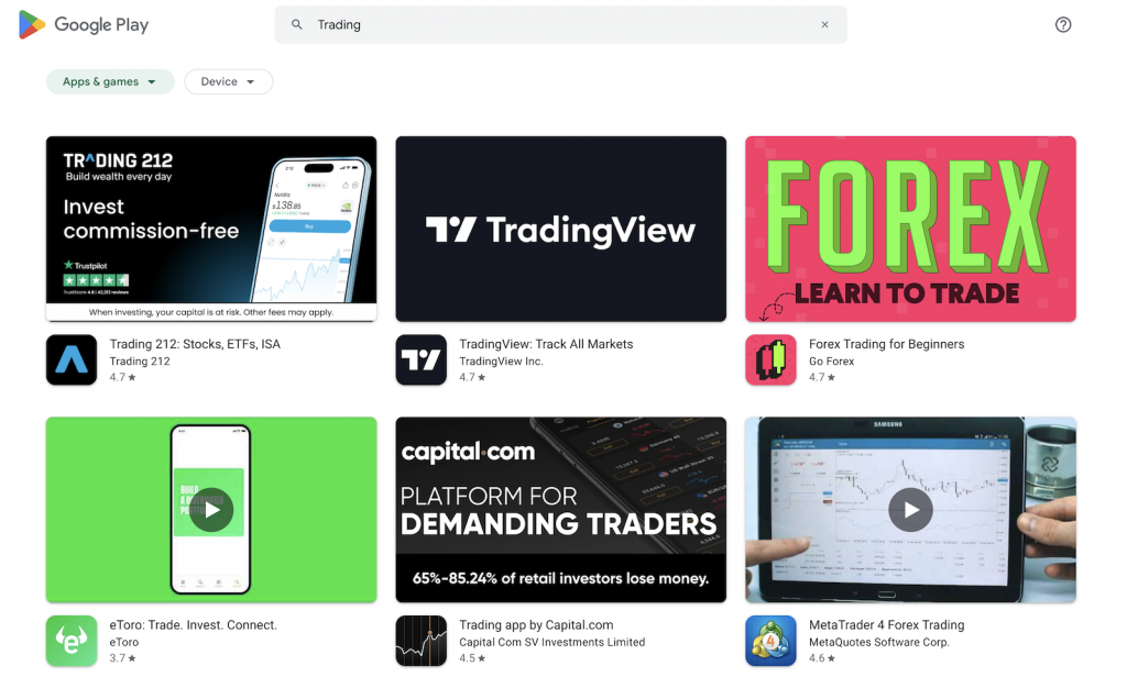 Trading apps on the Google Play Store