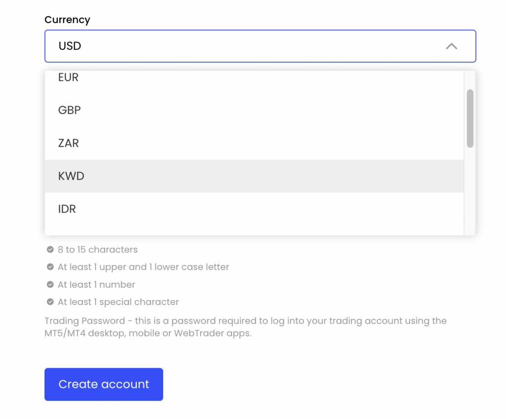 KWD base account at JustMarkets
